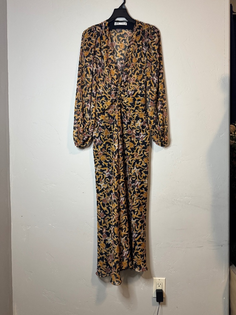 ZARA Brown/Tan/Black Long Sleeve Maxi Dress, Size XS